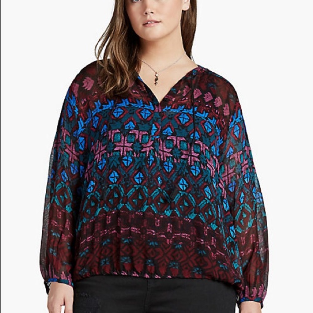 Lucky Brand Vibrant Geo Tie Tassel Sheer Blouse